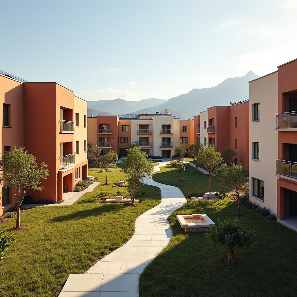 Modern cooperative housing development with shared green spaces