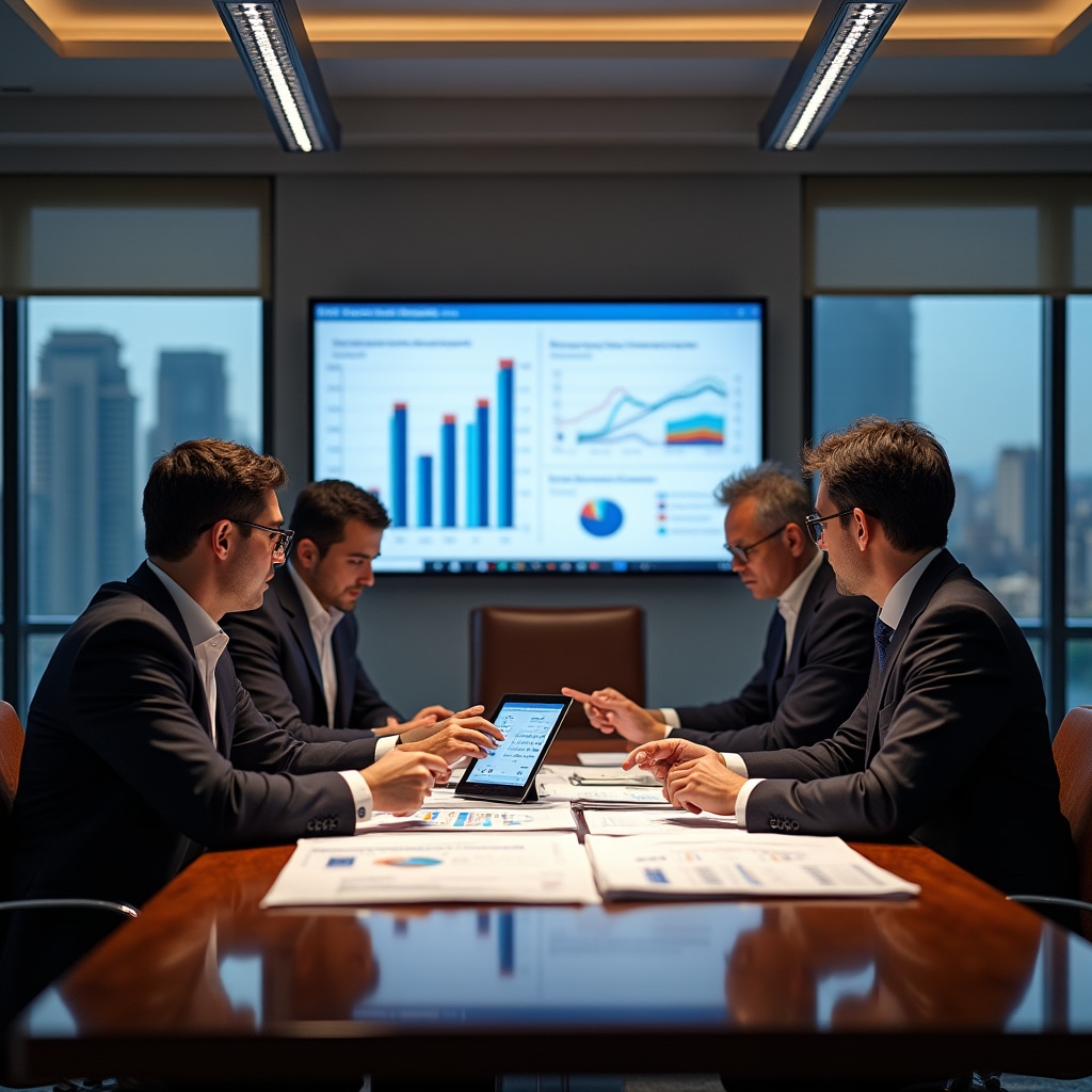 Investment team reviewing housing cooperative project feasibility data and financial projections