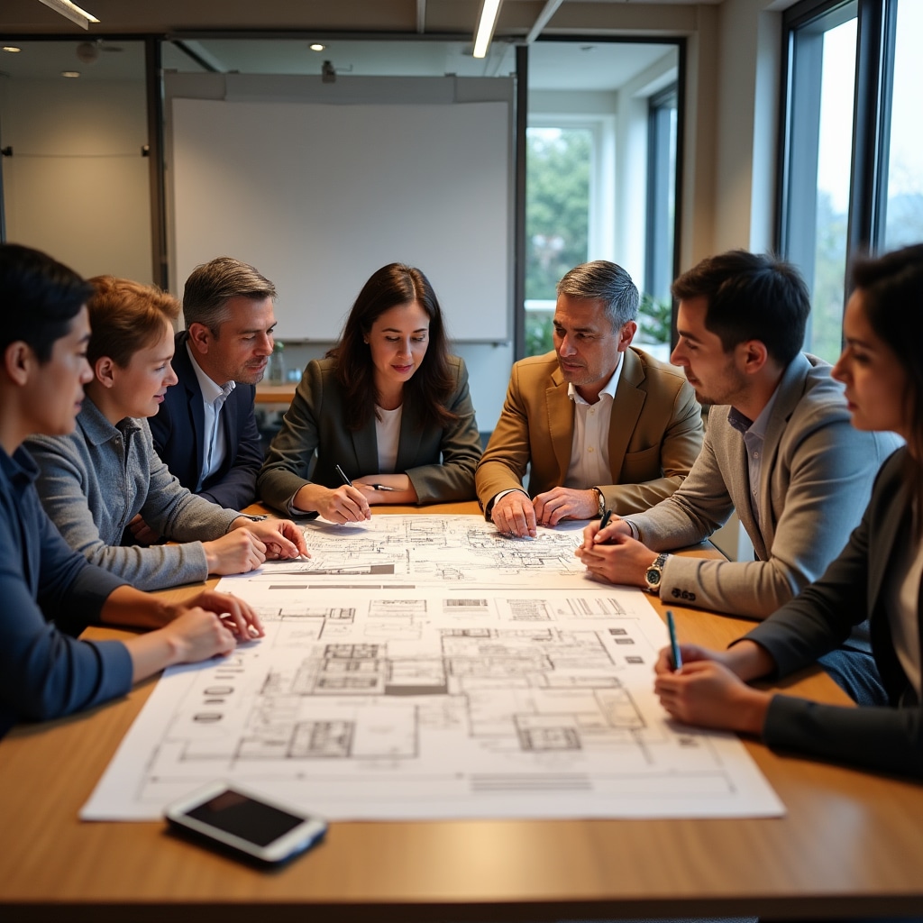 Group of families reviewing housing cooperative project plans together